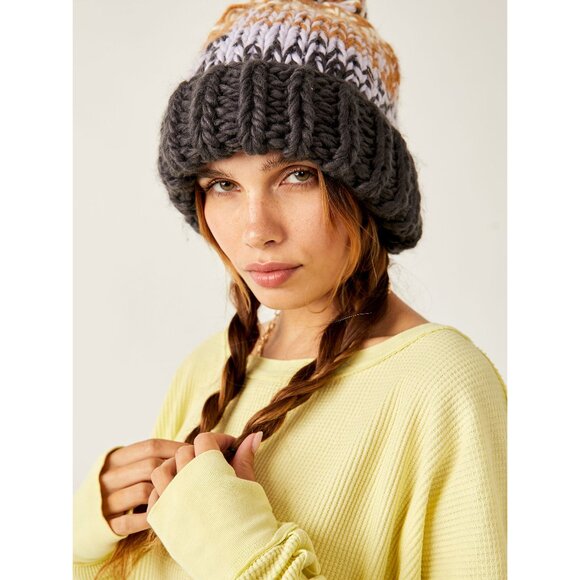 FREE PEOPLE Tide Stripe Knit Pom Beanie / Coal - Picture 2 of 6